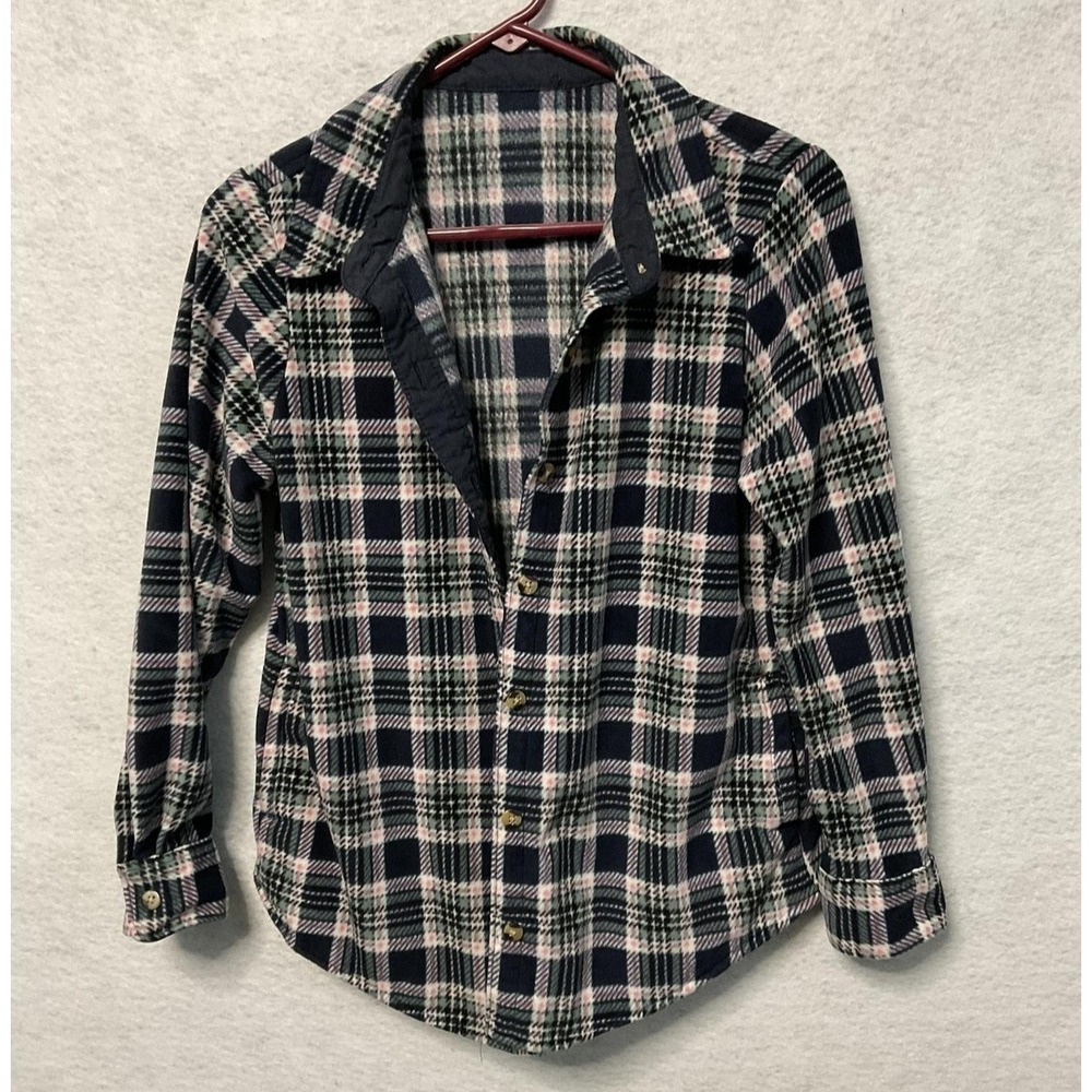 Plaid Fleece Shirt Womens Small Blue Green Pink Button Front Lined Casual